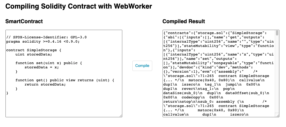 Demo Compiling A Solidity Smart Contract in React with WebWorker
